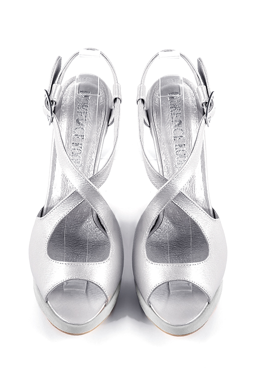 Light silver and pearl grey women's open back sandals, with crossed straps.. Top view - Florence KOOIJMAN